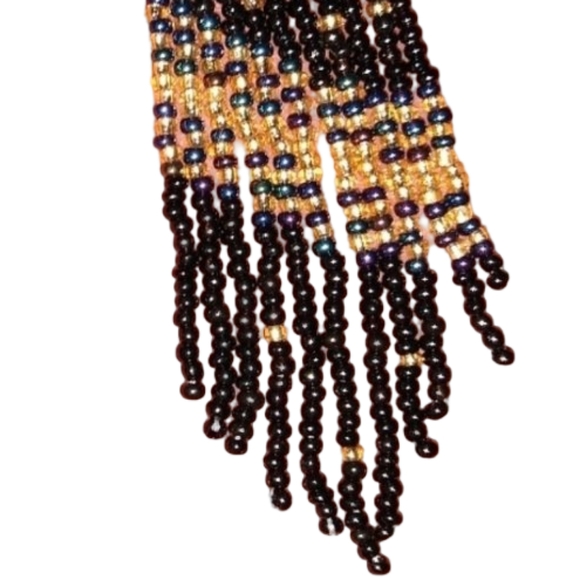 Night Sky Black Gold Crescent Moon and Stars Seed Beaded Earrings Long Celestial - Picture 7 of 7